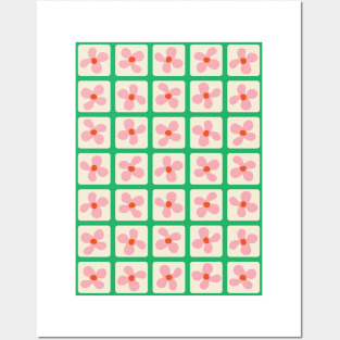 Retro Flowers Pattern - Green Pink Posters and Art
